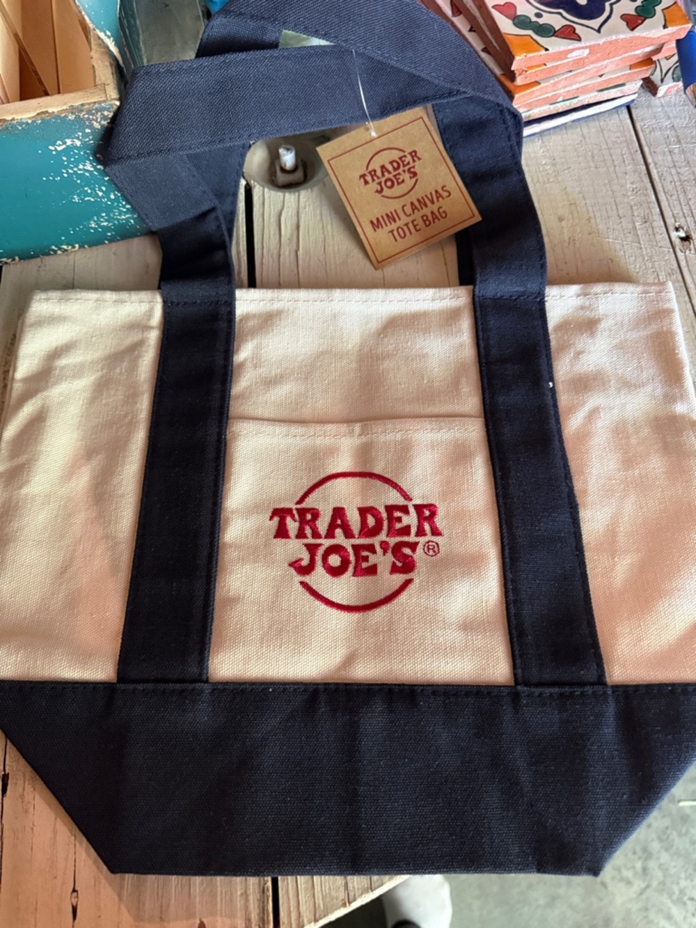 Trader Joe's Cream and Navy Mini Canvas Tote Bag - Picture 2 of 4